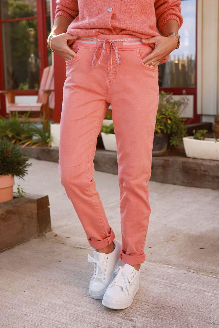 Inèz | Pantalon corail en toile stretch ceinture élastique rayée brillante