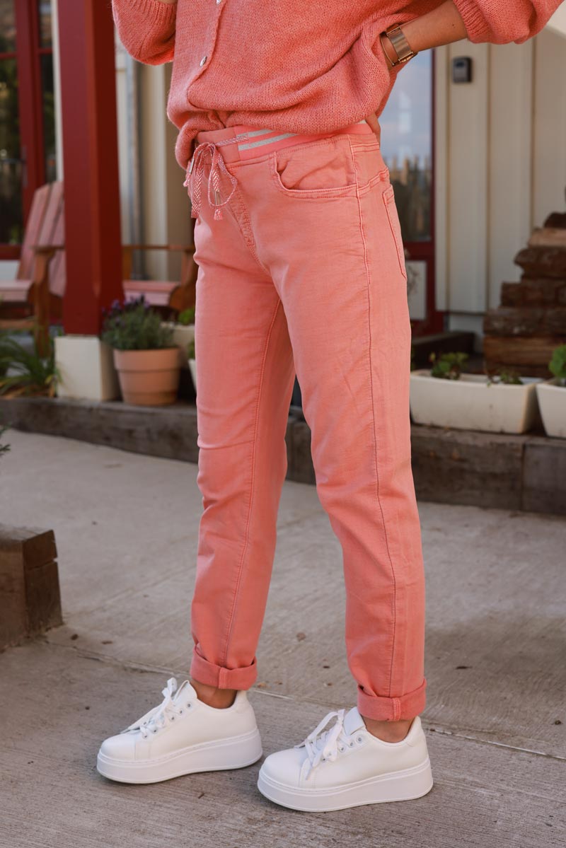 Inèz | Pantalon corail en toile stretch ceinture élastique rayée brillante